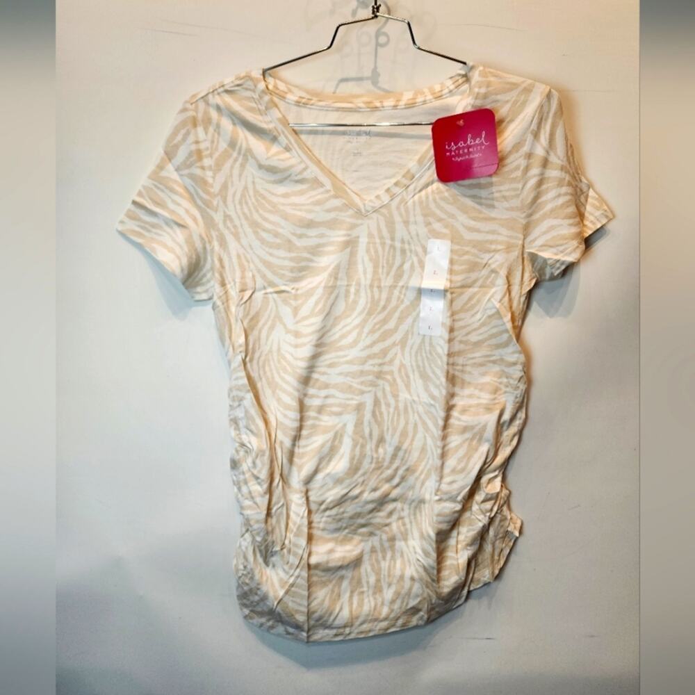 Ingrid Maternity L Tee Animal Print Ruched Short Sleeve V-neck Casual Cream‎ NWT